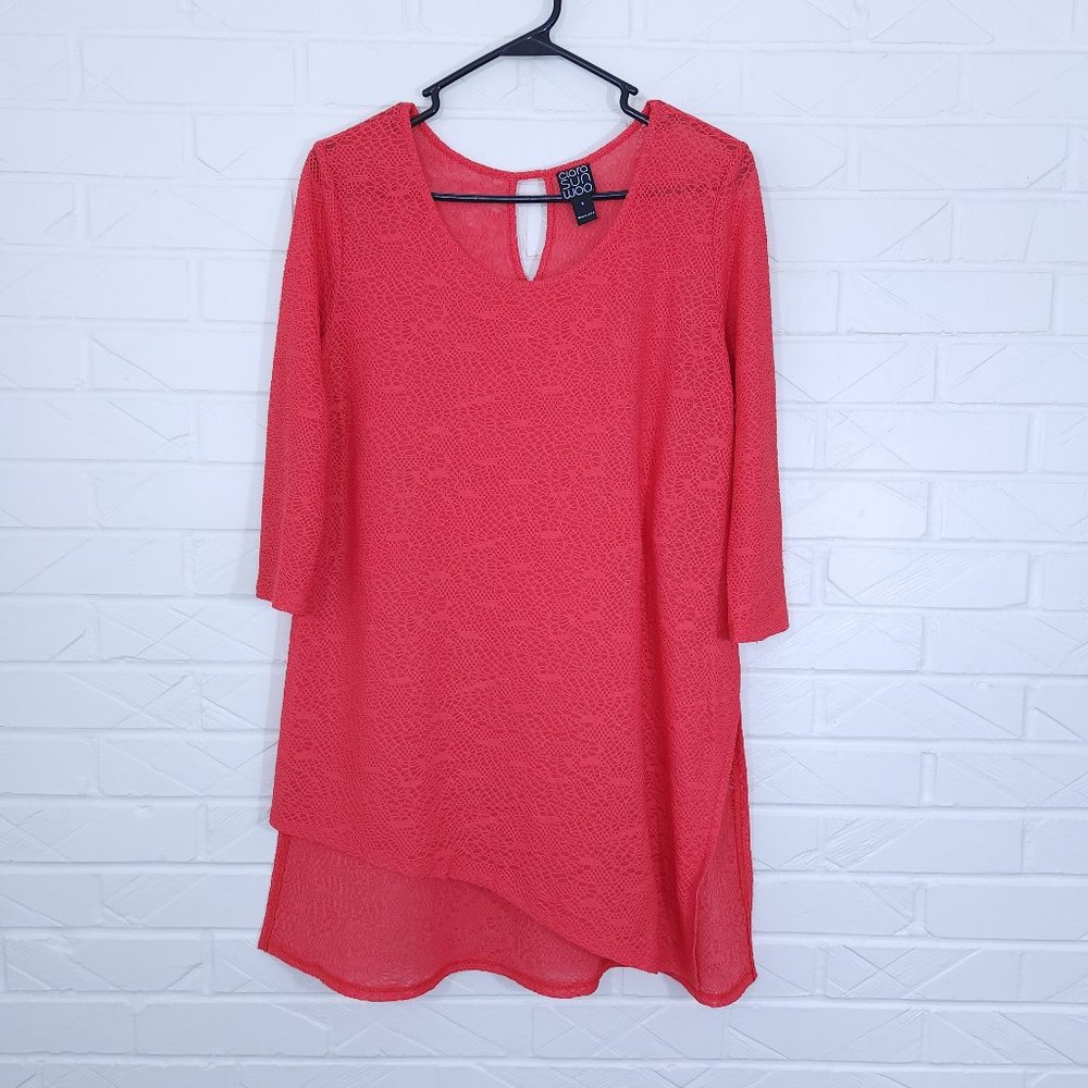 Clara Sun Woo Pink Coral Crochet Mesh Asymmetric Hem 3/4 Sleeve Tunic S